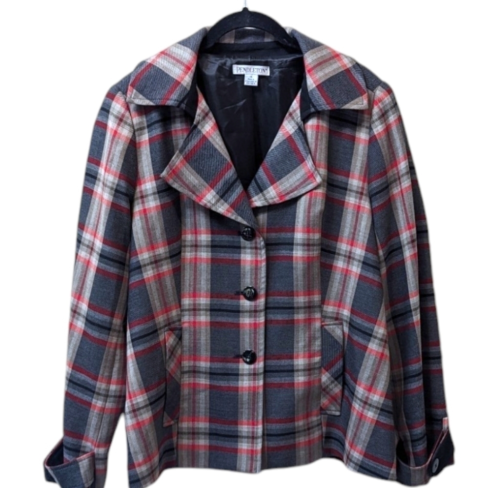 Pendleton 100% Wool Red & Gray Plaid Button Up Cuff Strap Jacket (14)